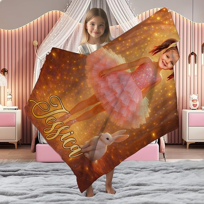 Personalized Fairy Tale Baby Blanket, Custom Photo Blanket with Name, Pink Tutu Dress Design, Soft Fleece Throw, for Baby Girl