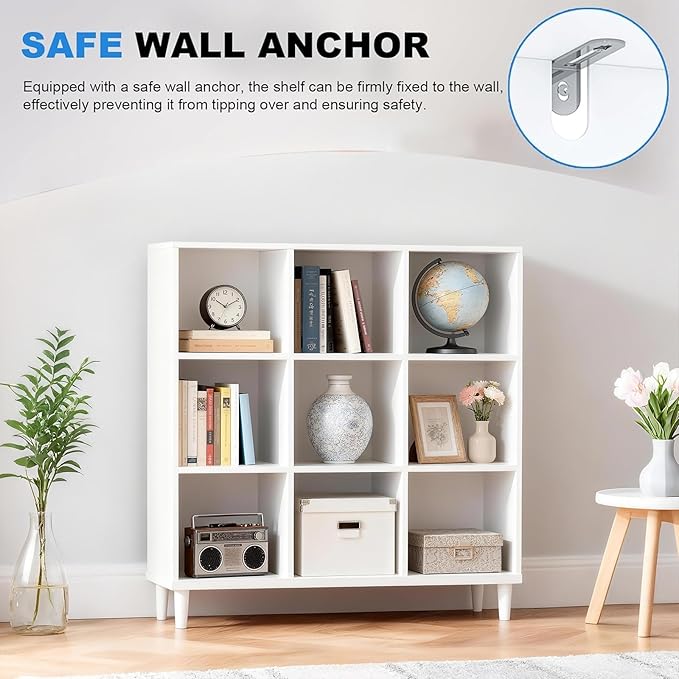 9 Cube Storage Organizer | White Bookshelf|3 Shelf Bookcase |Long Bookshelf| -Cubic Storage Cabinet（Storing Books,Toys & More Easy to Install）
