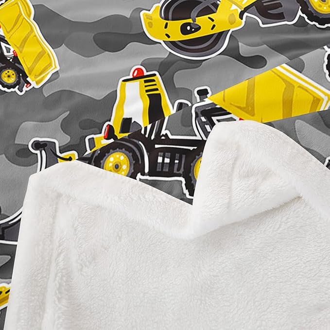 Kids Cartoon Excavator Fleece Throw Blanket - Vehicles Truck Car Plush for Boys Child Toddler - Bulldozer Crane Sherpa Construction Site Fuzzy for Sofa Bed Couch, Queen 90x90 Inch
