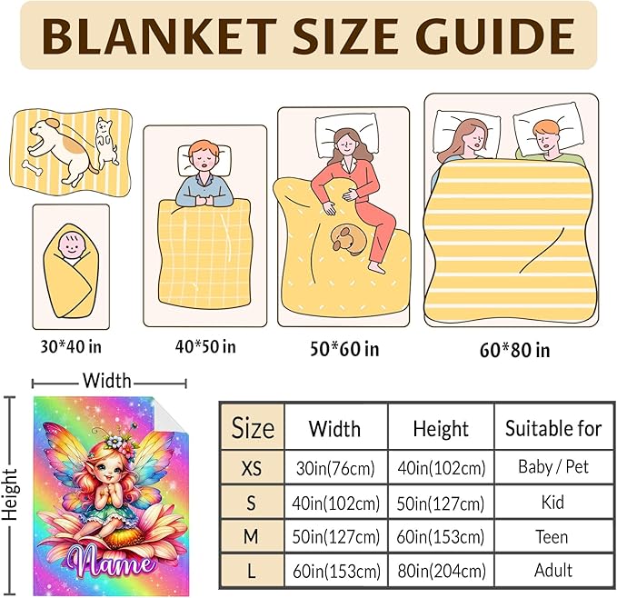 Girls Blanket Personalized Fairy Throw Blankets Gift for Kids Teens Age 8-12, 50x60 Inches Comfy Soft Custom Cute Stuffed Throws for Couch Bed Home Decor