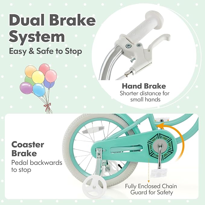 COSTWAY Kids Bike, 14 16 18 Inch Toddler Bike with Training Wheels, Basket, Adjustable Seat & Handlebar, Hand & Coaster Brakes, Bell, for Girl Boy Aged 3-8 Years Old