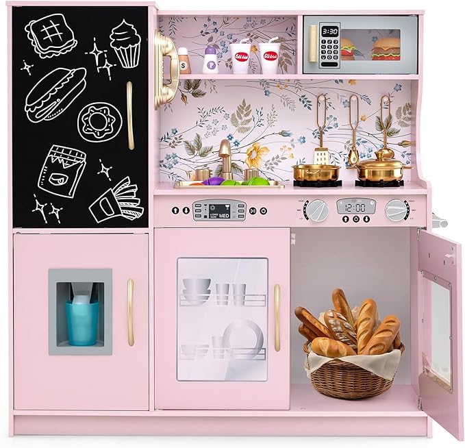 Costzon Kids Kitchen Playset, Wooden Pretend Cooking Toy Set w/Sound, Large Blackboard, Telephone, Microwave, Ice Maker, Dishwasher, Oven, Storage Space, Play Kitchen for Kids Ages 3+ (Light Pink)