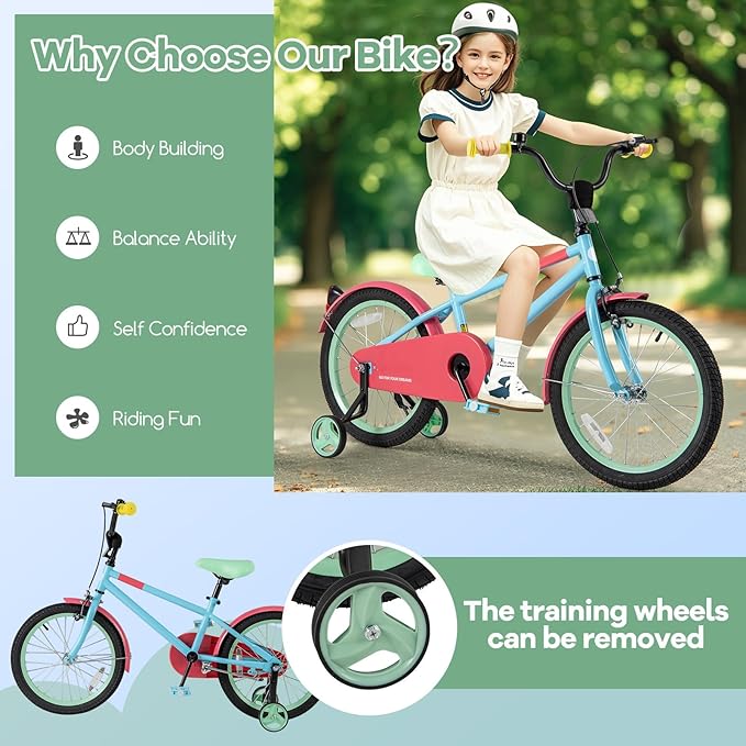 BABY JOY Colorful Macarons Kids Bike, 12 14 16 18 Inch Sporty Children's Bicycle with Training Wheels, Adjustable Handlebar & Saddle, Handbrake & Coaster Brake, Boys Girls Bike for 3-8 Years Old