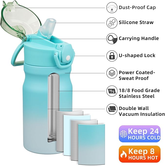 BJPKPK 14oz Insulated Water Bottle With Straw Stainless Steel Double Wall Water Bottles BPA Free Leak Proof Thermo With Lockable Flip Lid And Soft Silicone Spout,Sea Salt