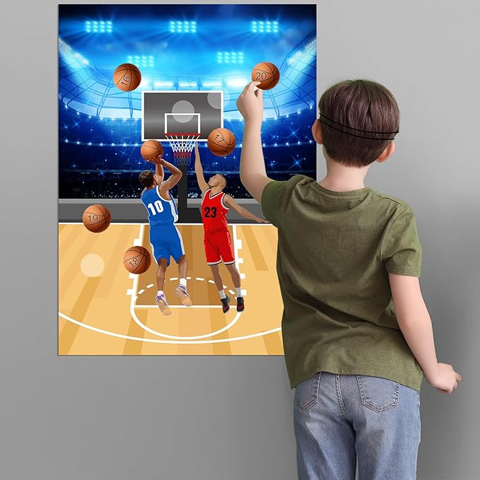 PLULON Basketball Party Game for Kids Pin The Basketball on The Hoop Game Basketball Poster with Basketball Stickers for Boys Girls Birthday Party Wall Decorations Classroom Activities