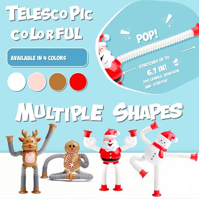 4Pcs Telescopic Suction Cup Christmas Toys,Sensory Toys for Kids 3-5 5-7,Toddler Toy,Fidget Toy,Toddler Travel Essential for Airplane,Pop Tubes, Christmas Stocking for Kids Boys Girls F