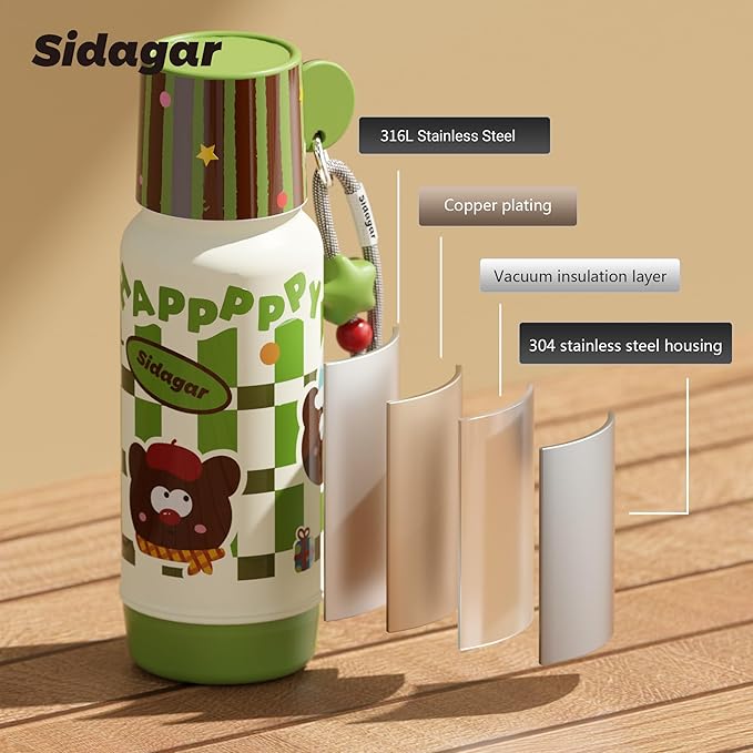 20 oz Cute Tumbler witn Lid and Straw, Insulated Stainless Steel Kids Water Bottle with Strap, Travel Leak Proof Coffee Cup, Bear