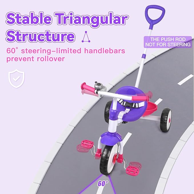 Liberry 2 in 1 Toddler Tricycle Age 2 3 4 Years Old, Kids Trike with Adjustable Push Rod, Bell & Basket, 3 Wheel Bike Riding Toy Birthday Gift for Girls Boys, Rose Purple