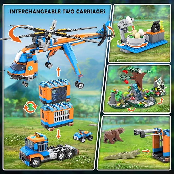 City Jungle Adventurer Helicopter Building Toys - 1356PCS Forest Truck Adventure Building Set with Car Crocodile Brown Bear Wildlife Rescue Blocks Playset Gift for Adults Kids Boys 6+ Years