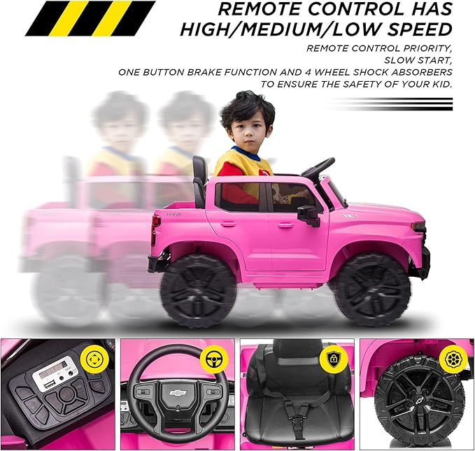 12V Ride on Car,Battery Powered Licensed by Chevrolet Silverado GMC Kids Ride On Truck,Toddler Electric Vehicles Toys w/Remote Control, MP3/Bluetooth, Spring Suspension, LED Light (Pink-2)
