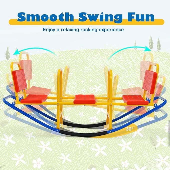 3-Person Teeter Totter Seesaw, Sit and Spin 360° Rotating Rocking Toy for Toddlers, Heavy Duty Metal Seesaw for Kids Outdoor, 3-Seater Backyard Playground Equipment for Ages 3-8 (Red)