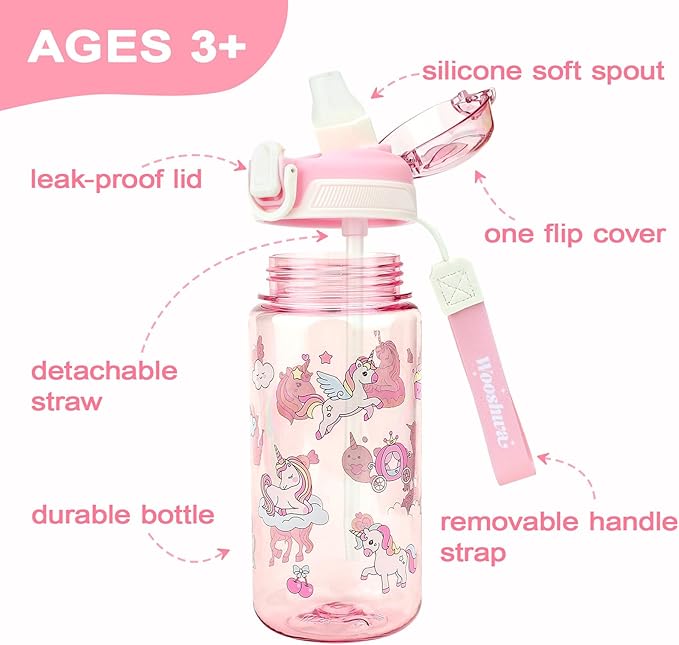 Kids Water Bottle for School or Travel, 20 Oz Durable Plastic Water Bottle with Silicone Straw and Pop-Up Spout Cover, BPA Free & Dishwasher Safe(Unicorn)