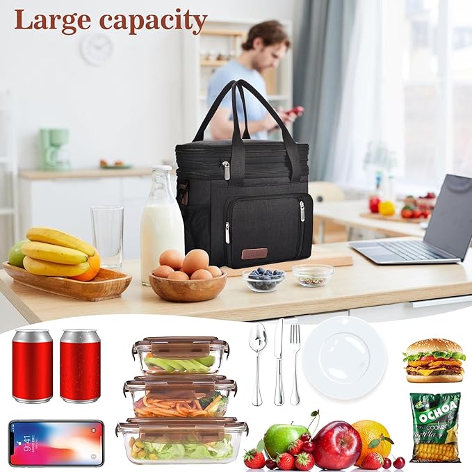 LOKASS Lunch Bag& Lunch Box for Men Women Double Deck,Large Insulated Adult Lunch Box Leakproof Lunchbox Cooler Bag for Work Picnic Beach,（Black,16L）