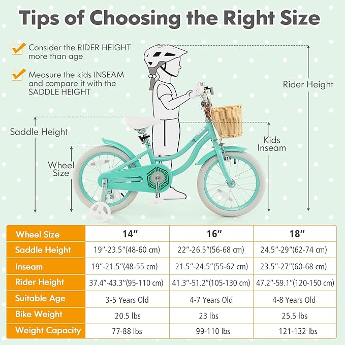 COSTWAY Kids Bike, 14 16 18 Inch Toddler Bike with Training Wheels, Basket, Adjustable Seat & Handlebar, Hand & Coaster Brakes, Bell, for Girl Boy Aged 3-8 Years Old