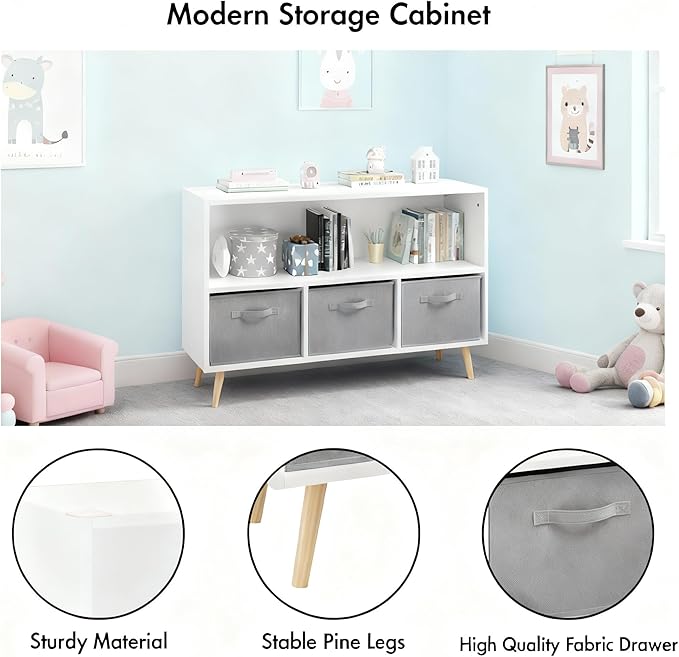 Kids Bookshelf, Wooden Bookshelf with 3 Collapsible Fabric Drawers and Pine Legs, Kids Bookcase with Storage for Books & Toys, White Multifunctional Bookcase for Nursery & Bedroom