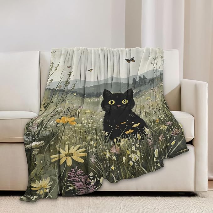 Black Cat Blanket Floral Wildflower Kitten Throw Blankets Gifts for Girls Boys Kids Cat Lover Soft Cozy Fleece Plush for Couch Sofa Bed 50"x40"