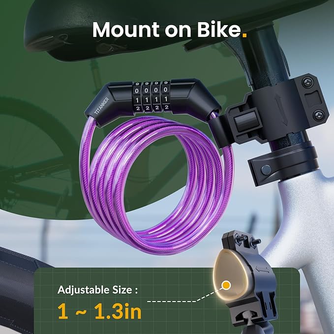 Titanker Bike Lock Cable, 4 Feet Bike Cable Lock Basic Self Coiling Kids Bike Lock Combination with Complimentary Mounting Bracket, 5/16 Inch Diameter (4FT, Purple-8mm)