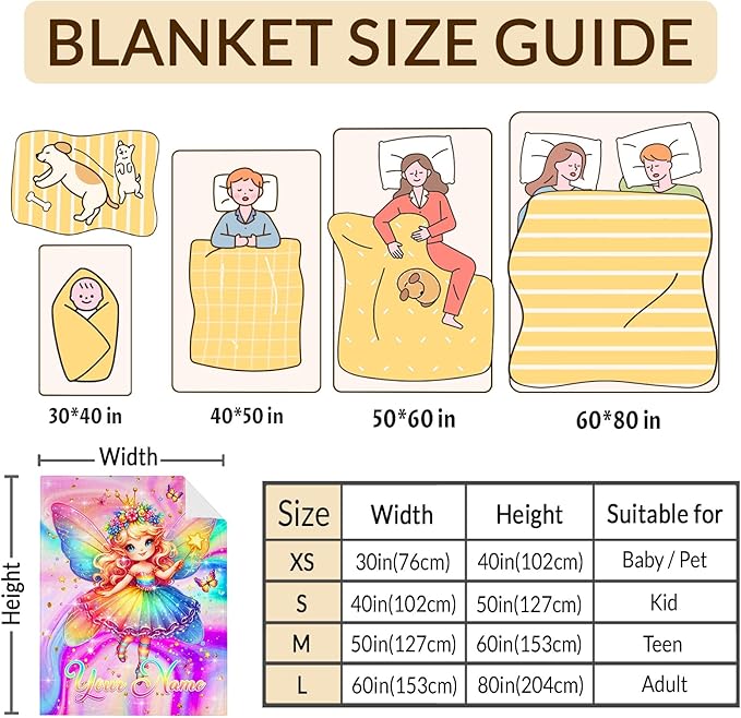 Personalized Name Blanket for Girls, Fairy Throw Blanket Gift for Kids Teens Girls Age 6-8, 50"x40" Custom Name Blankets for Couch Sofa Bed Bedroom Decor Travel