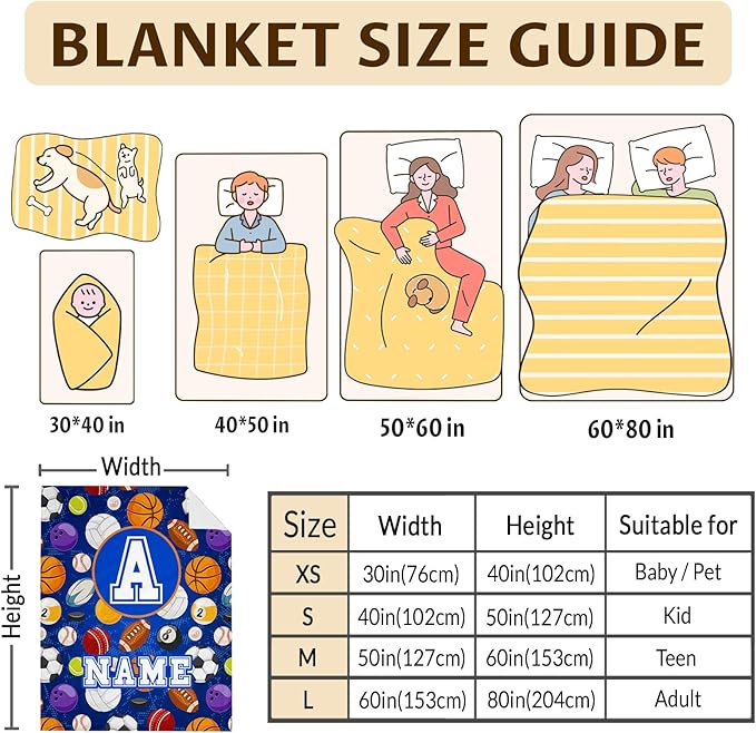 Boys Blanket Custom with Name Sports Blanket Gifts Ideas for Kids 6-8, Personalized Cute Soft Cozy Flannel Monogram Ball Throws for Couch Sofa Bedding Room Home Decor (4 Sizes)