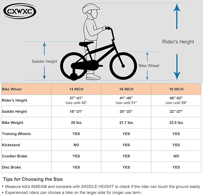 CXWXC Kids Bike - 14 16 18 Inch Children Bicycle for Boys Girls Age 3-9 Years, Single Speed Lightweight Kids Bikes with Training Wheel, Coaster/Disc Brake