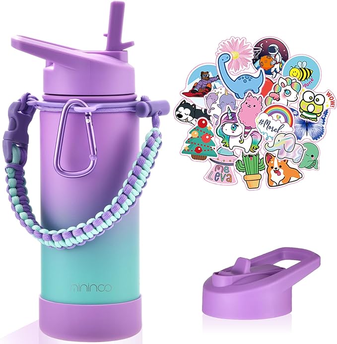 Mininoo Stainless Steel Water Bottle for School, 16oz Insulated Metal Water Bottle with Straw Lid for Girls, Boys (Purple/Sky)