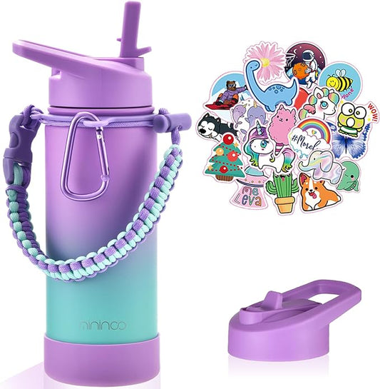 Mininoo Stainless Steel Water Bottle for School, 16oz Insulated Metal Water Bottle with Straw Lid for Girls, Boys (Purple/Sky)