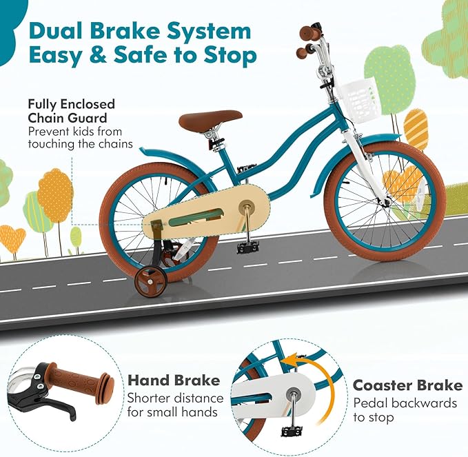 COSTWAY Kids Bike, 12 14 16 18 Inch Toddler Bike Children Bicycle w/Training Wheels, Hand & Coaster Brakes, Adjustable Saddle & Handlebar, Basket, Bell, Kids Bicycle for Girls Boys Aged 3-8 Years Old