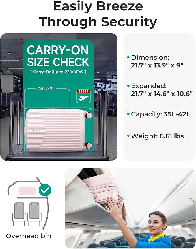 BAGSMART Carry On Luggage 22x14x9 Airline Approved with Spinner Wheels,100% PC Hardside Expandable Luggage with TSA Lock for Trips, 20 Inch Rolling Suitcases for Men Women,Pink