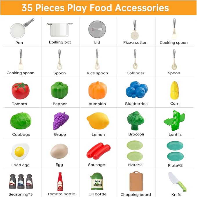 35Pcs Kids Kitchen Toy Accessories, Toddler Pretend Cooking Playset with Play Pots, Pans, Utensils, Cookware, Play Food Set, Toy Vegetables, Learning Gift for Girls & Boys (White)