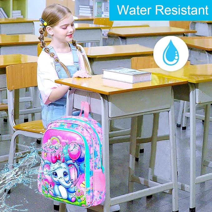 CCJPX 3PCS Backpack for Girls, 16”Elephant Bookbag with Lunch Box, Kids Water Resistant Elementary School Bag for Preschool Kindergarten Toddler