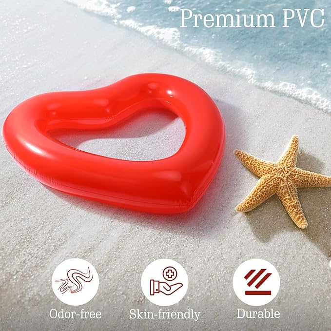 HeySplash Pool Floats, Adult Size Heart Inflatable Pool Floatie for Bachelorette Party, Swim Tube Rings, River Lake Beach Floaty, Wedding Bride Valentine Decor, Fun Toy Raft Lounge for Kids, Red