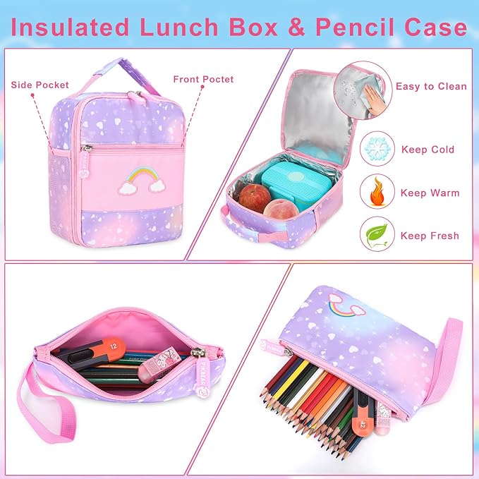 Girls Backpack Set 3 IN 1,Cute Rainbow Kids Backpack with Insulated Lunch Box Pen Case Set Student School Bag (Purple-3 piece set)