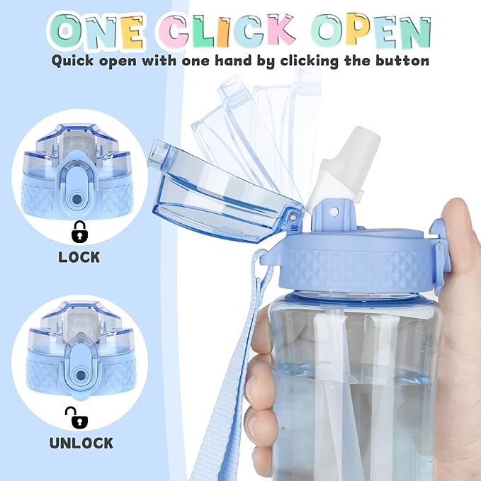 OLDLEY 12oz Kids Motivational Water Bottle With Silicone Straw, Leak-Proof Tritan BPA-Free, Reusable for School Girls & Boys, Baby Blue