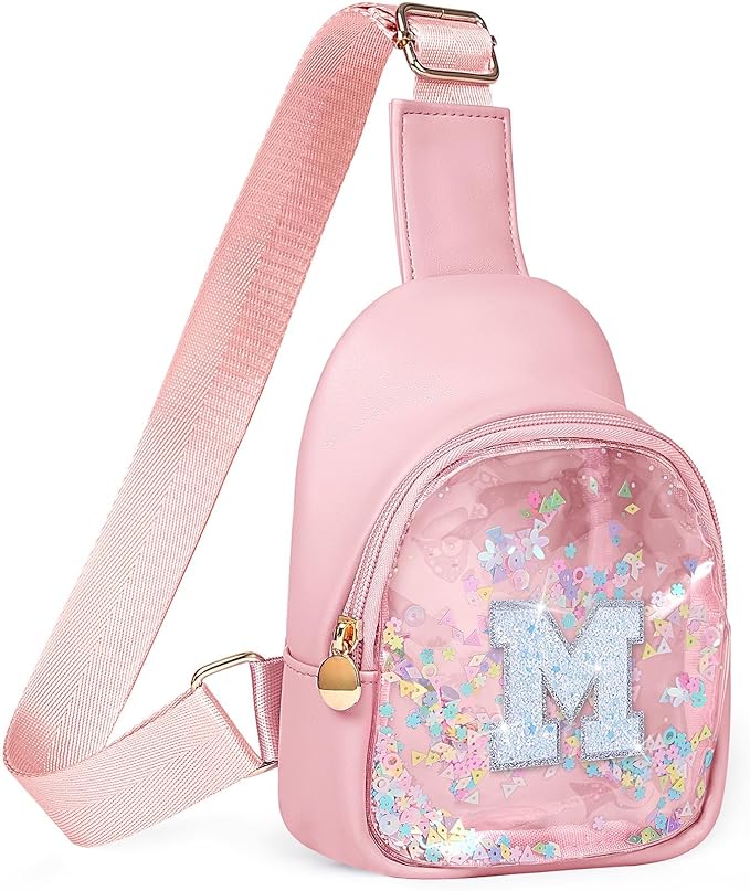 COSHAYSOO Pink Toddler Girls Purse Birthday Gifts Age 1-3 2-3 2-4 3-5 4-6 5-7 Little Girl Kids Sling Bag Cross Body Clear Pouch, Cute Fun Pre-k Kindergarten Childrens Presents Initial Letter M