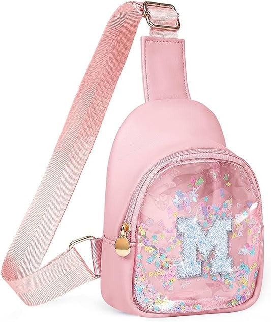 COSHAYSOO Pink Toddler Girls Purse Birthday Gifts Age 1-3 2-3 2-4 3-5 4-6 5-7 Little Girl Kids Sling Bag Cross Body Clear Pouch, Cute Fun Pre-k Kindergarten Childrens Presents Initial Letter M