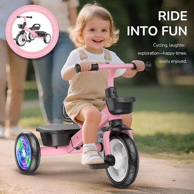 Umatoll Tricycle for Toddlers 2-5 Year Old, Ajustable Toddler Bike Outdoor Toys, Birthday Gift for Girl Age 2-4, Trike with Light up Wheels