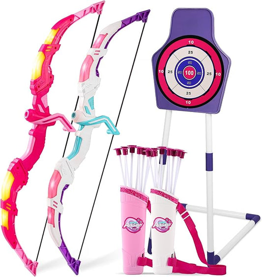 Bow and Arrow Set Girl Toys: 2 Pack LED Light Up Archery Set with 20 Suction Cup Arrows, Birthday Gift for Girls 5 6 7 8 9 10 11 12 Year Old, Outdoor Activities Toys Essentials for Kids Age 4-8 8-12