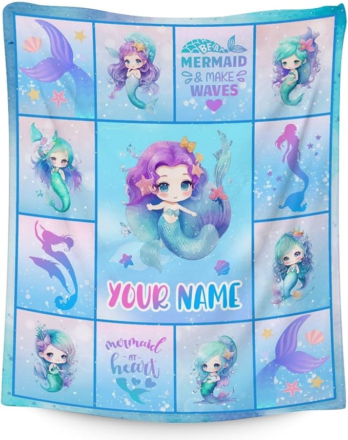 Personalized Mermaid Blanket with Name - Soft, Fuzzy & Warm - 50"x60" Throw Size Blanket for Bed, Couch, Sofa - Blue Cute Throw Gifts for Girls