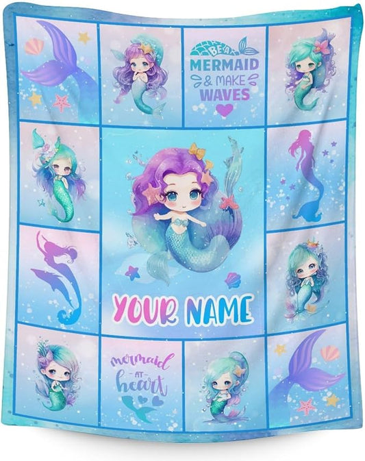 Personalized Mermaid Blanket with Name - Soft, Fuzzy & Warm - 50"x60" Throw Size Blanket for Bed, Couch, Sofa - Blue Cute Throw Gifts for Girls