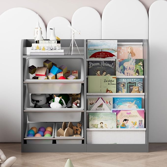 Grey Kids Wood Bookshelf Toy Storage Box Organizer Shelf W/4 Removable Plastic Toy Bins Children Bookcase Toddler Baby Sling Book Rack Cabinet Chest Girl Boy Gift Playroom Classroom Bedroom Nursery