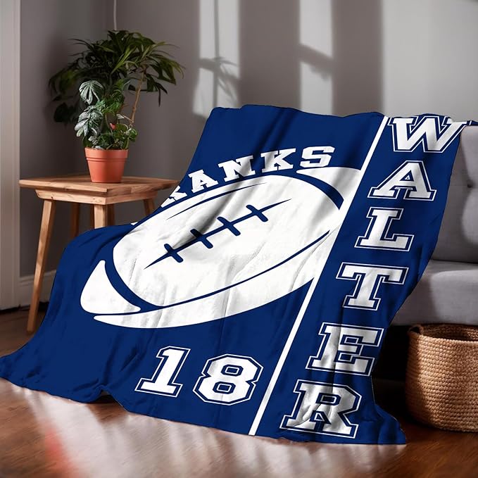 Personalized Football Blankets with Name Numbers, Custom Football Team Game Throw Flannel Blankets Stuff Gifts for Boys Sports Lover Fans Kids Adult