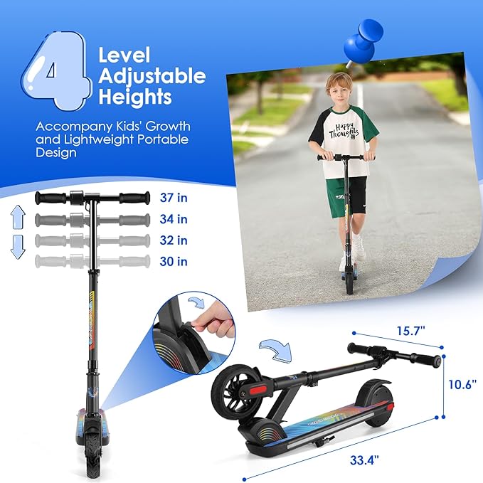 Caroma Electric Scooter for Kids Ages 6-14, 180W/150W Motor & 10 Mph, 85 Mins Ride Time, Adjustable Height & Speed, LED Display & Colorful Lights, Kids Electric Scooter, Best Gifts for Girls and Boy