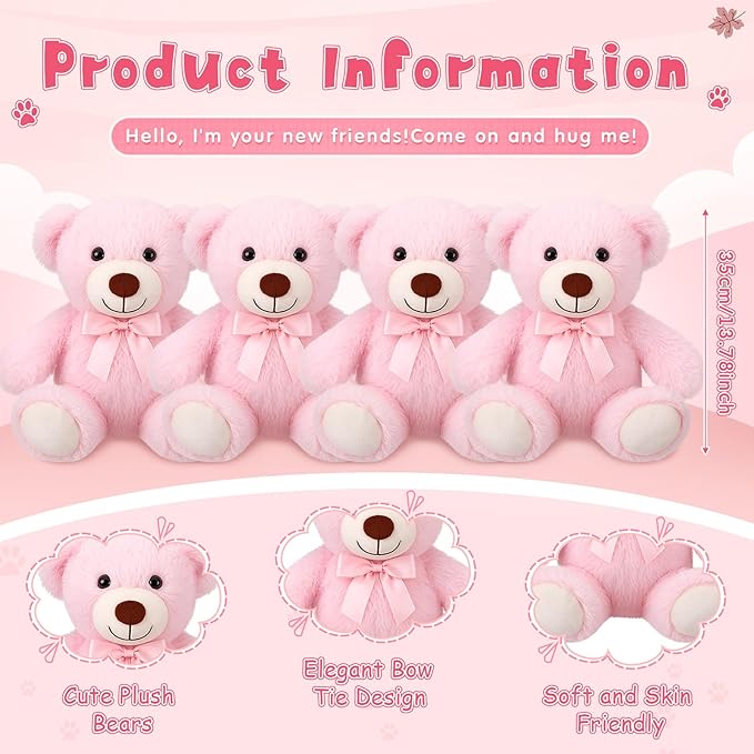 Civaner 4 Pack 14 Inches Bear Plush Stuffed Animals Operation Christmas Cute Soft Bears Gifts Bulk for Girls Boys Girlfriend(Pink)