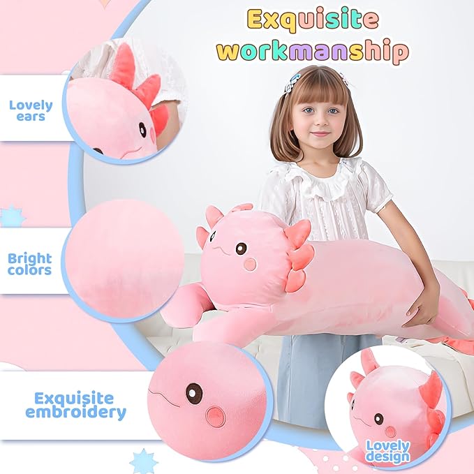 40'' Big Pink Axolotl Plush Stuffed Animal, Large Axolotl Long Body Pillow Stuffy Plush Toy, Giant Soft Salamander Squishy Plushie Gift for Kids Boys Girls, Birthday, Halloween, Christmas
