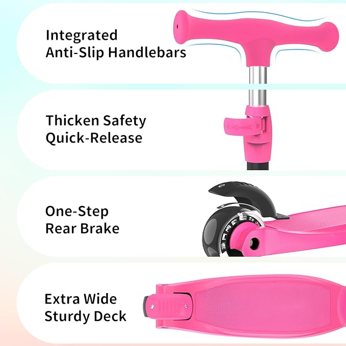 BELEEV Scooters for Kids 3 Wheel Kick Scooter for Toddlers Girls Boys, 4 Adjustable Height, Lean to Steer, Light up Wheels, Extra-Wide Deck, Easy to Assemble for Children Ages 3-12 (Rose Pink)