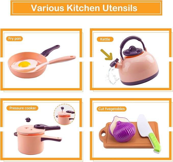 200Pcs Mini Play Kitchen Accessories for Kids, Pretend Cooking Playset with Cookware, Tableware & 2 Fruit Sets, Learning Gift for Girls, Boys, Toddlers, Pink