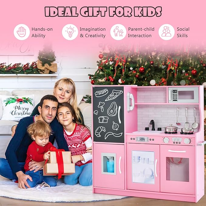 Costzon Kids Kitchen Playset, Wooden Pretend Cooking Toy Set w/Realistic Sound, Large Blackboard, Telephone, Microwave, Ice Maker, Dishwasher, Oven, Storage Space, Play Kitchen for Kids Ages 3+ (Pink)