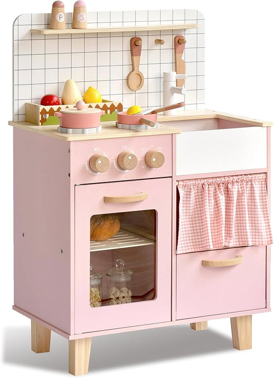 Pink Wooden Play Kitchen with Realistic Features & Accessories, Pretend Cooking Toy for Kids 3+, Ideal Gift for Toddler Boy and Girls