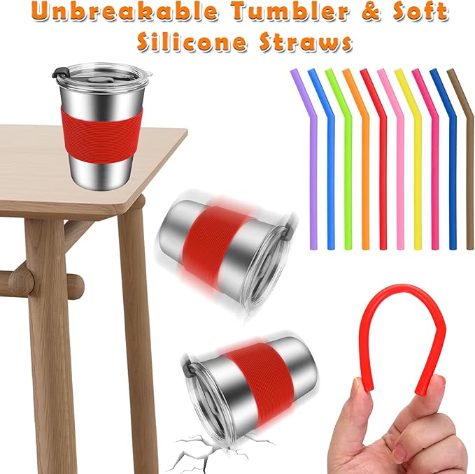 ShineMe Toddler Cups With Straws Spill Proof, 12oz Reusable Stainless Steel Cups with Straws, Lids, and Colorful Silicone Sleeves, Unbreakable Kids Cups for Milk, Water, Snacks...(10pack)