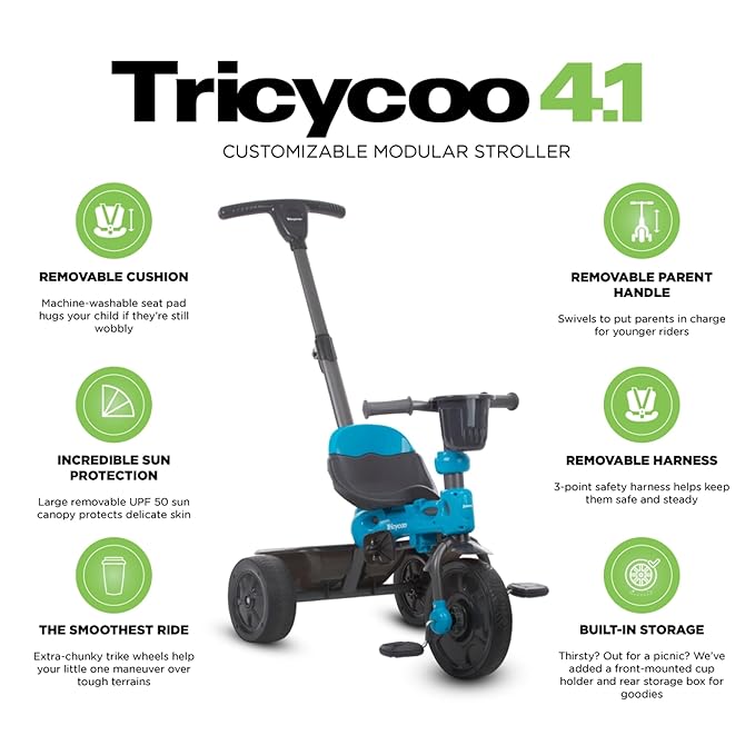 Joovy Tricycoo 4.1 Kids Tricycle with 4-Stages Featuring Extra-Wide Front Tire, Removable and Adjustable Parent Handle, Safety Harness, Machine-Washable Seat Pad, and Retractable Canopy (Blue)